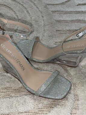 Stuart Weitzman Iridescent Silver Glitter Block Heel Sandals